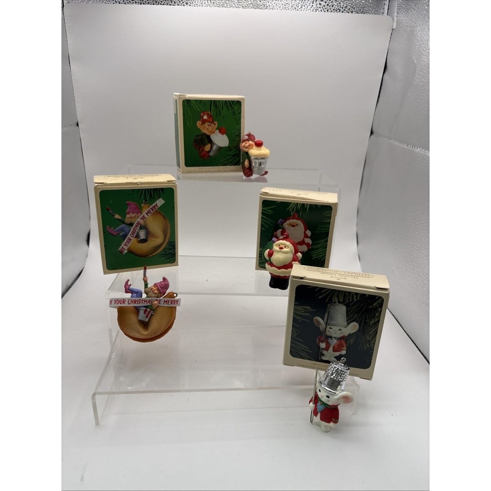 Vtg~Lot of 4~Hallmark Ornaments~Elfs, Santa,Thimble~1980s